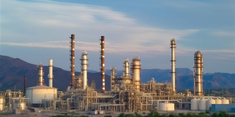 Oil refinery with a background of mountains and sky.The factory is located in the middle of nature and no emissions, Generative AI